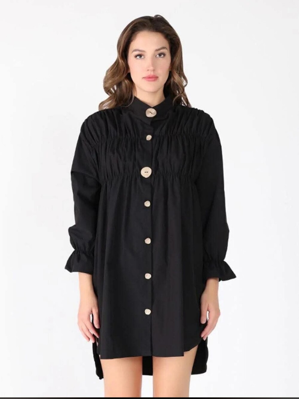 Gracia Black Button-Front Smocked Yoke Tunic